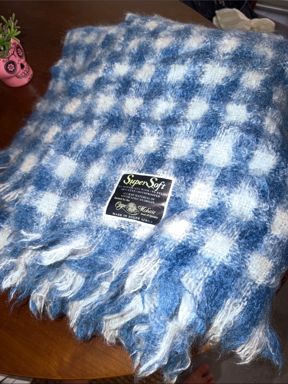 Two Vintage blue checkered Mohair Wool blankets